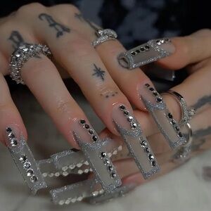 Gray And Silver Striped Long Nail Tips with Sparkling Rhinestones